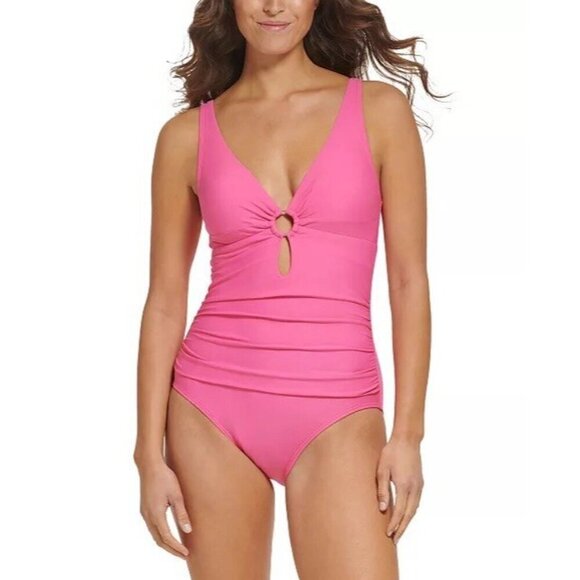 Tommy Hilfiger Women’s Size 8 Dahlia Pink One Piece Swimsuit Keyhole Ring New - Picture 1 of 8